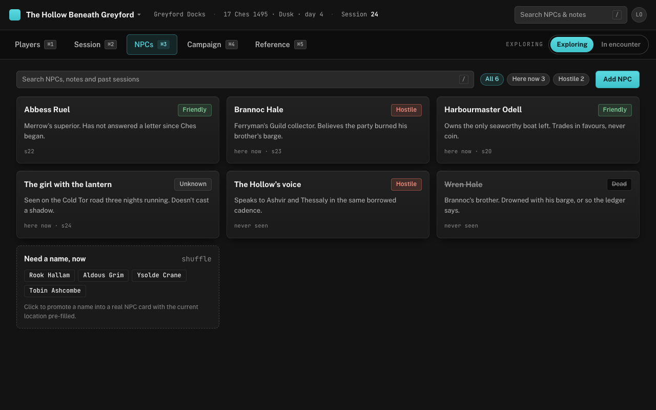 The NPCs tab: a search field with filter chips, a grid of NPC cards with status chips, and the improv name panel.