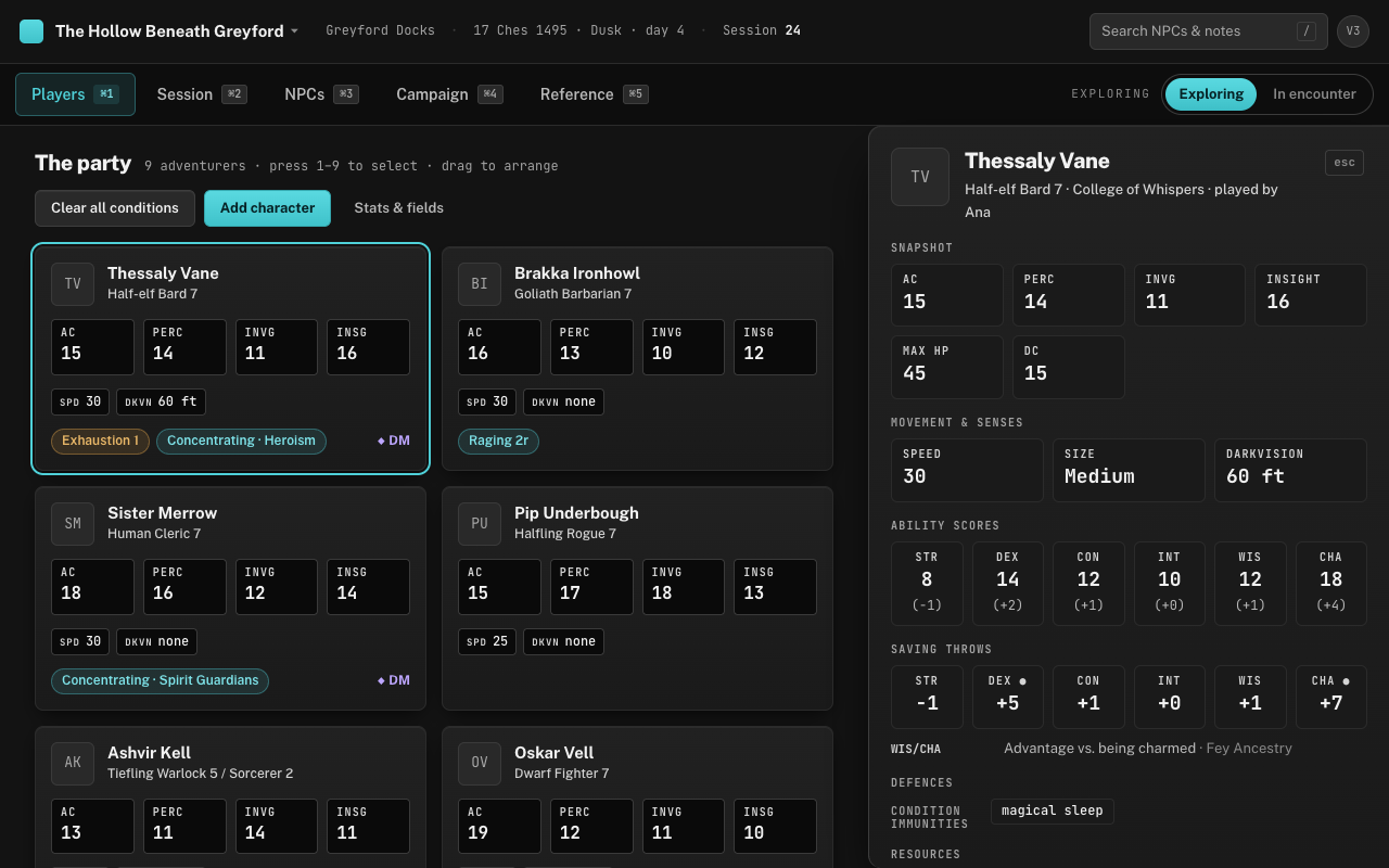 A party card's profile drawer open beside the party: stat wells, ability scores, saving throws, defences, and the conditions and temporary-effect editor.