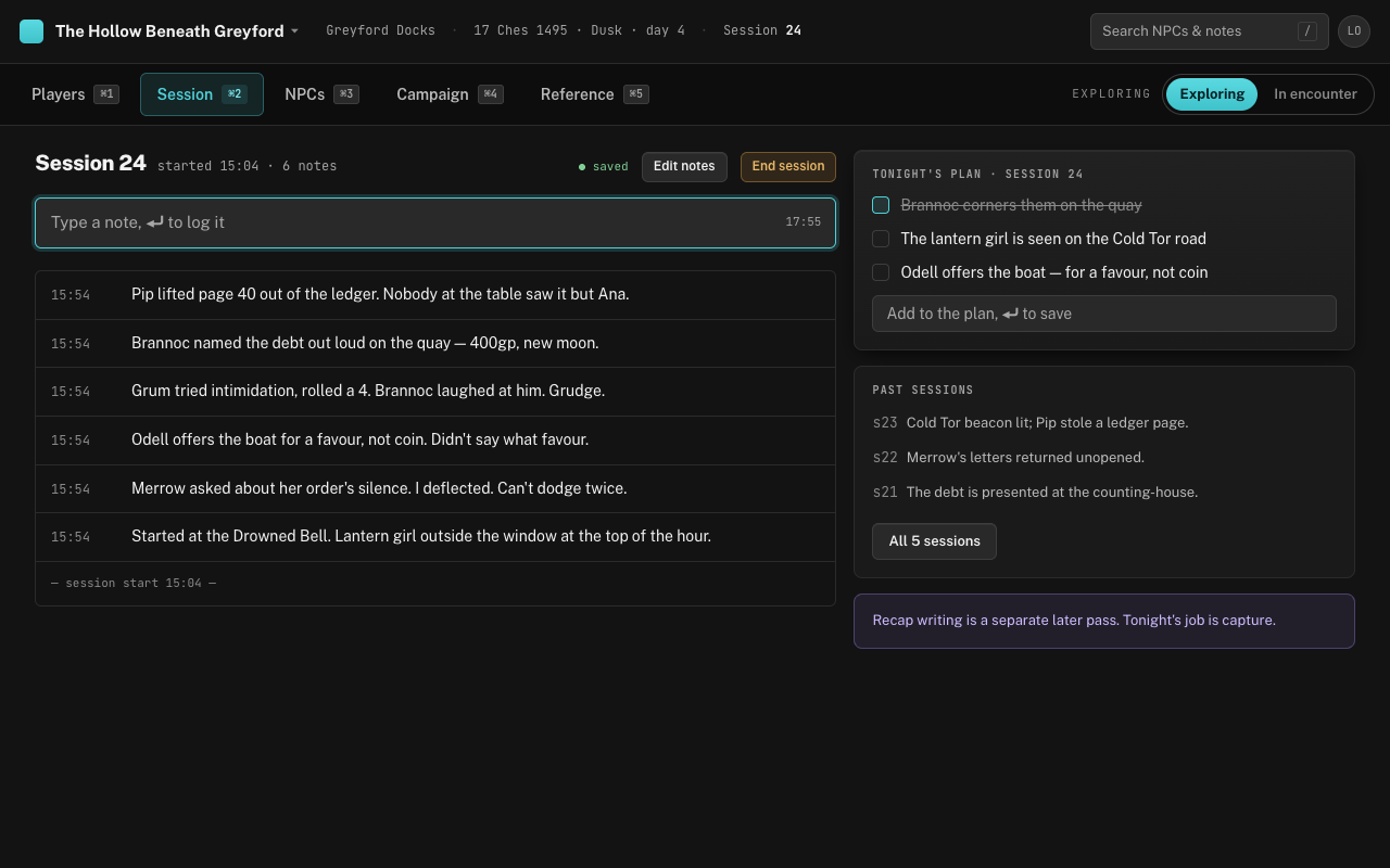 The Session tab during play: the note field at the top, timestamped notes below it, and Tonight's plan in the right column.