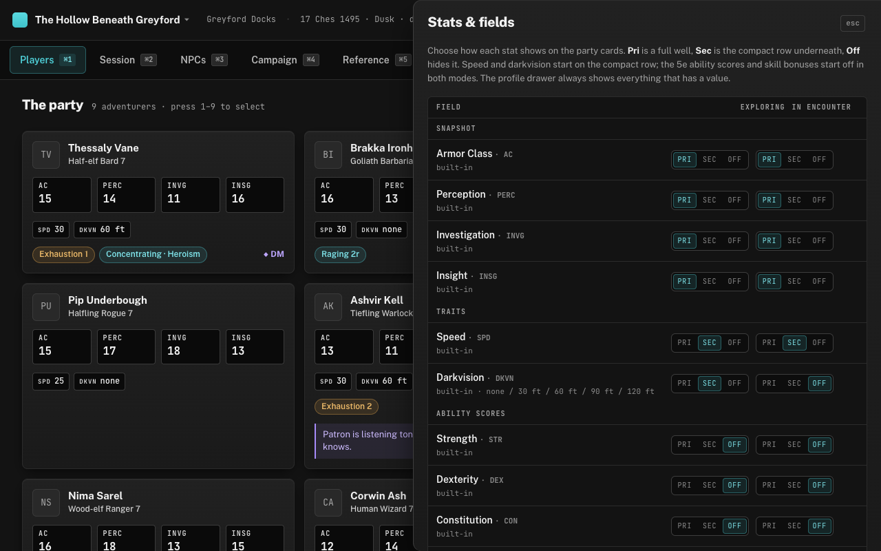 The Stats & fields drawer: a table of fields with Pri / Sec / Off toggles for the Explore and Encounter columns, and the form for adding a custom field.